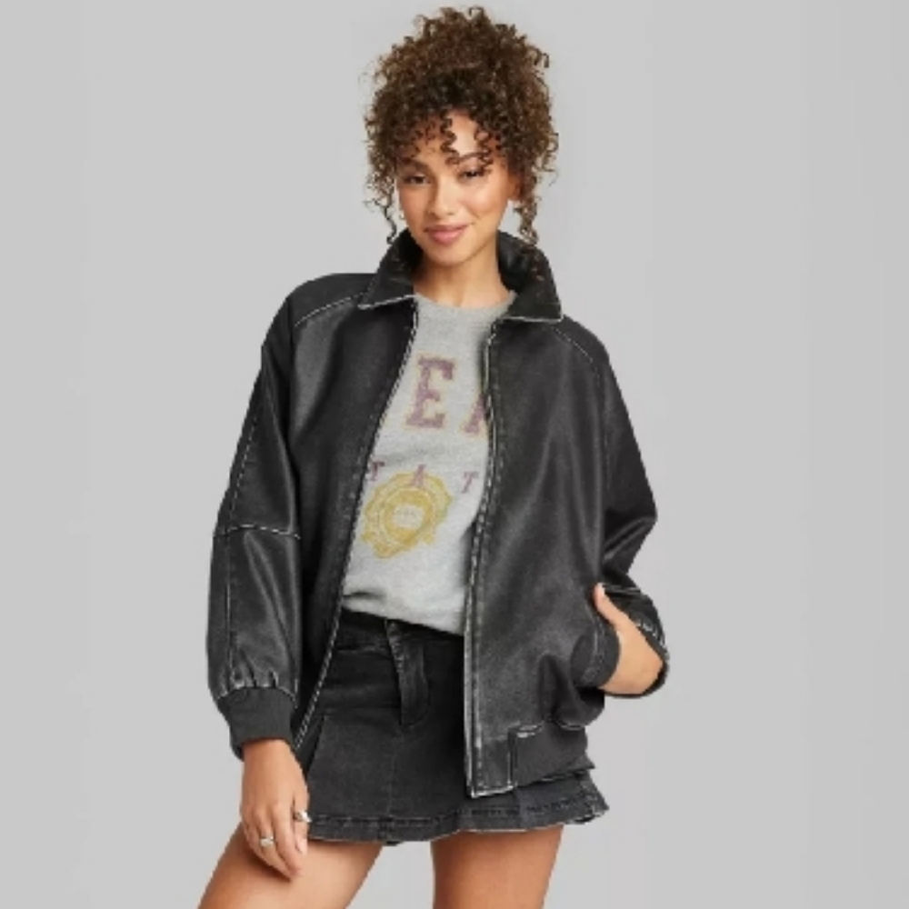 Wild Fable Distressed Black/Grey Bomber Jacket, Target, Size XS